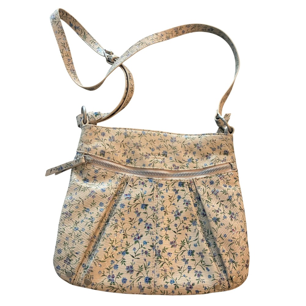 American Leather co Floral Print Crossbody Bag Blue Purple Cream‎ Textured Purse